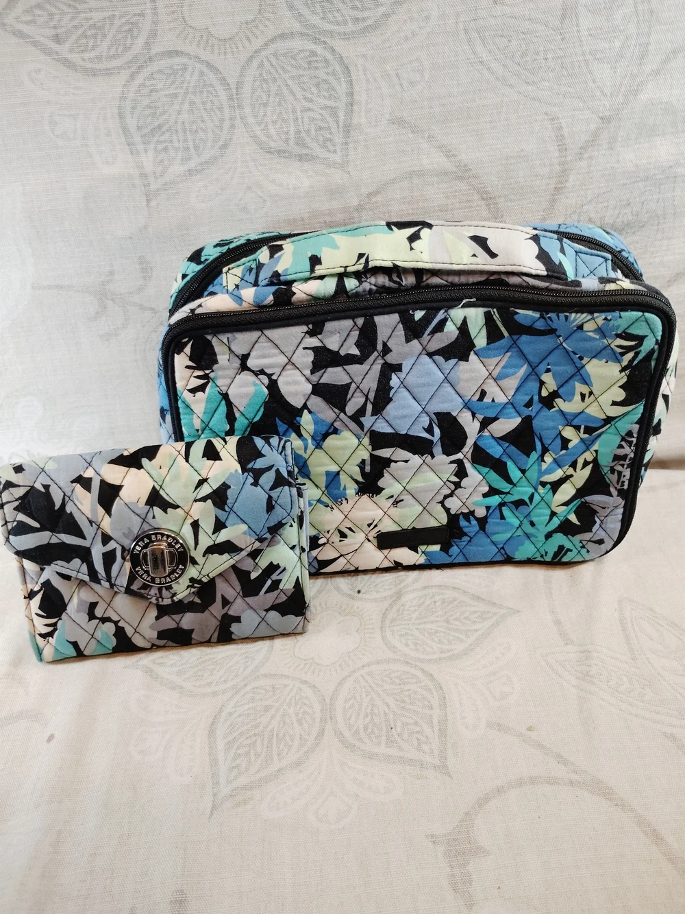 Vera Bradley Quilted Floral Cosmetic Case and Wristlet in Aqua Blue Black